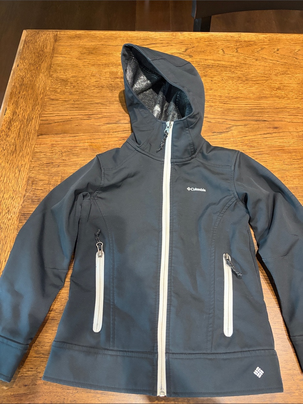 Columbia Girls' Black Hooded Softshell Jacket with White Zippers Omniheat